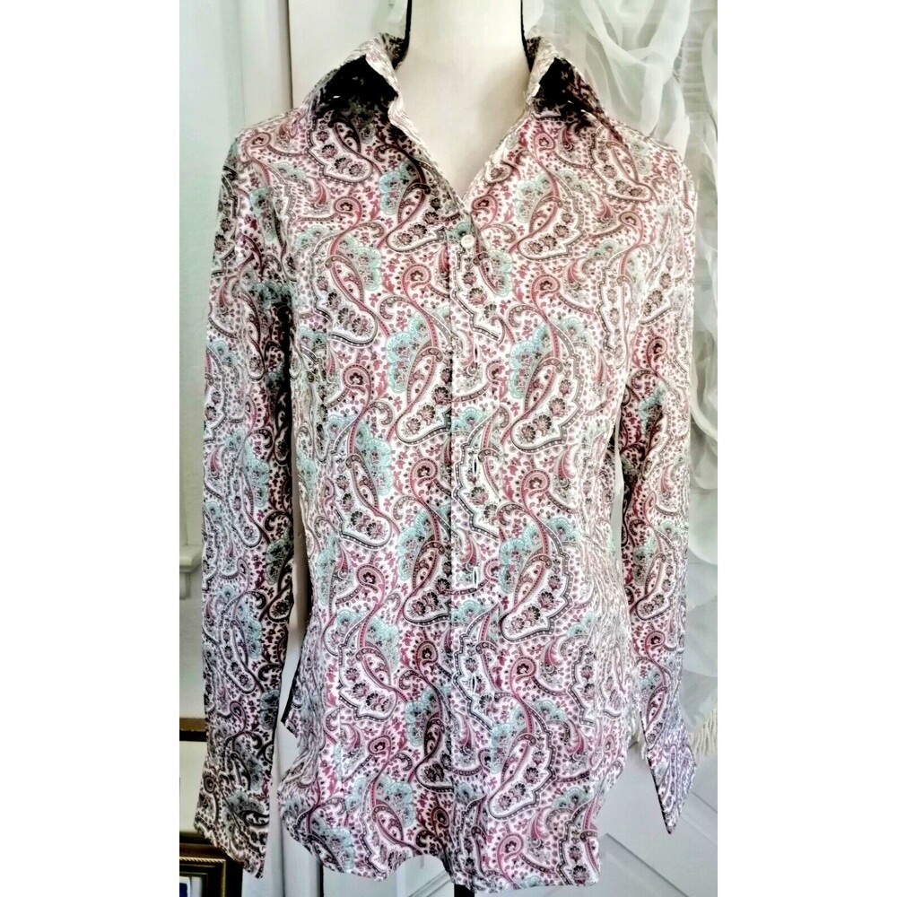 New Women Blouse Shirt Made in Italy Paisley Cotton Size Large Slim Look